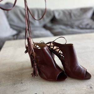 Banana Republic Brown Leather Mule Heels w/Tassle Ties, Size 9